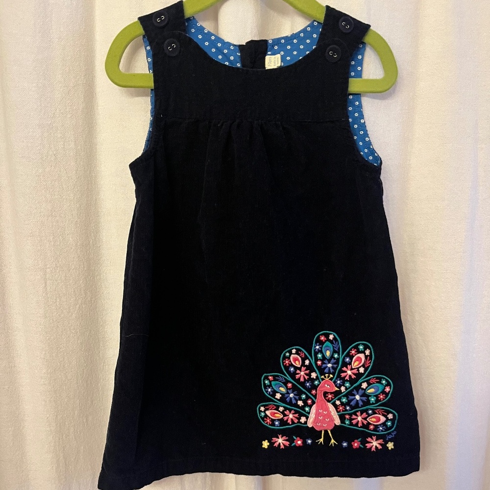 JoJo Maman Bebe Navy Corduroy Dress with Pink Peacock Embroidery